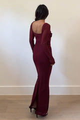 VESTIDO VINO CON CORSET MANGA LARGA