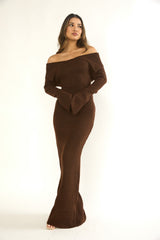 VESTIDO DE PUNTO LARGO CUELLO ANCHO CAFÉ