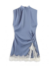 VESTIDO MINI DRAPEADO SATIN Y ENCAJE