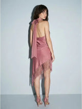 VESTIDO HALTER ASIMETRICO CON BARBAS