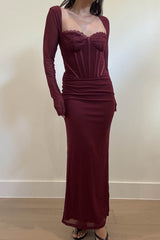 VESTIDO VINO CON CORSET MANGA LARGA