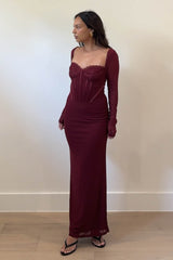 VESTIDO VINO CON CORSET MANGA LARGA