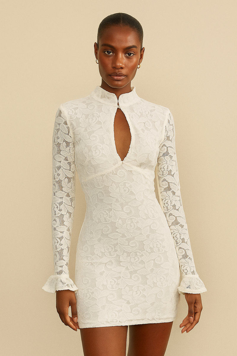 VESTIDO BEIGE ENCAJE MANGA LARGA